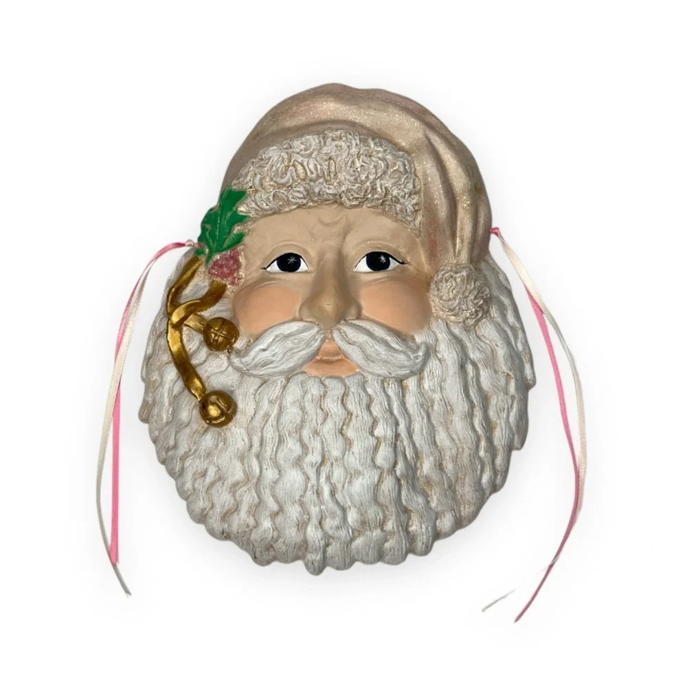 Pastel Ceramic Santa Face with Pink Hat Christmas Wall Decoration Gold Glitter‎
